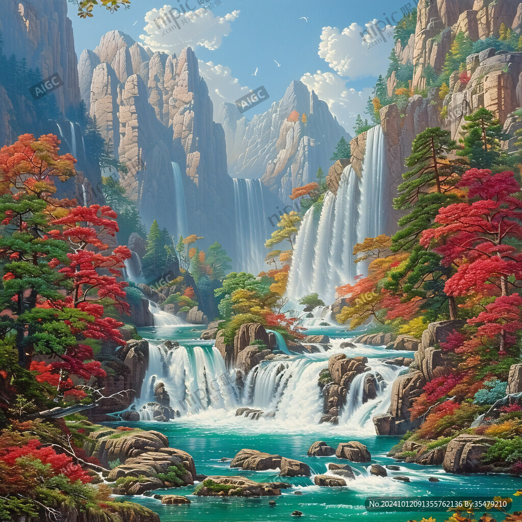山水风景油画瀑布