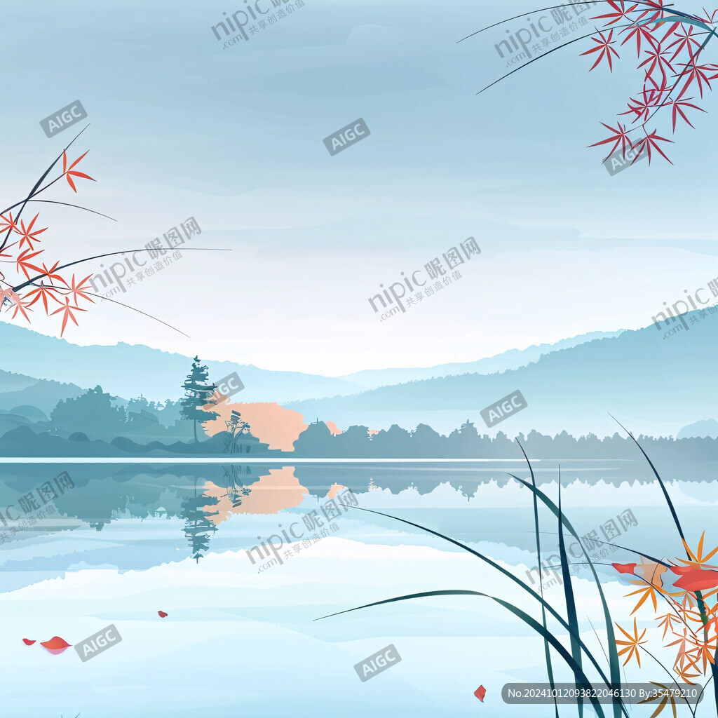 插画山水湖