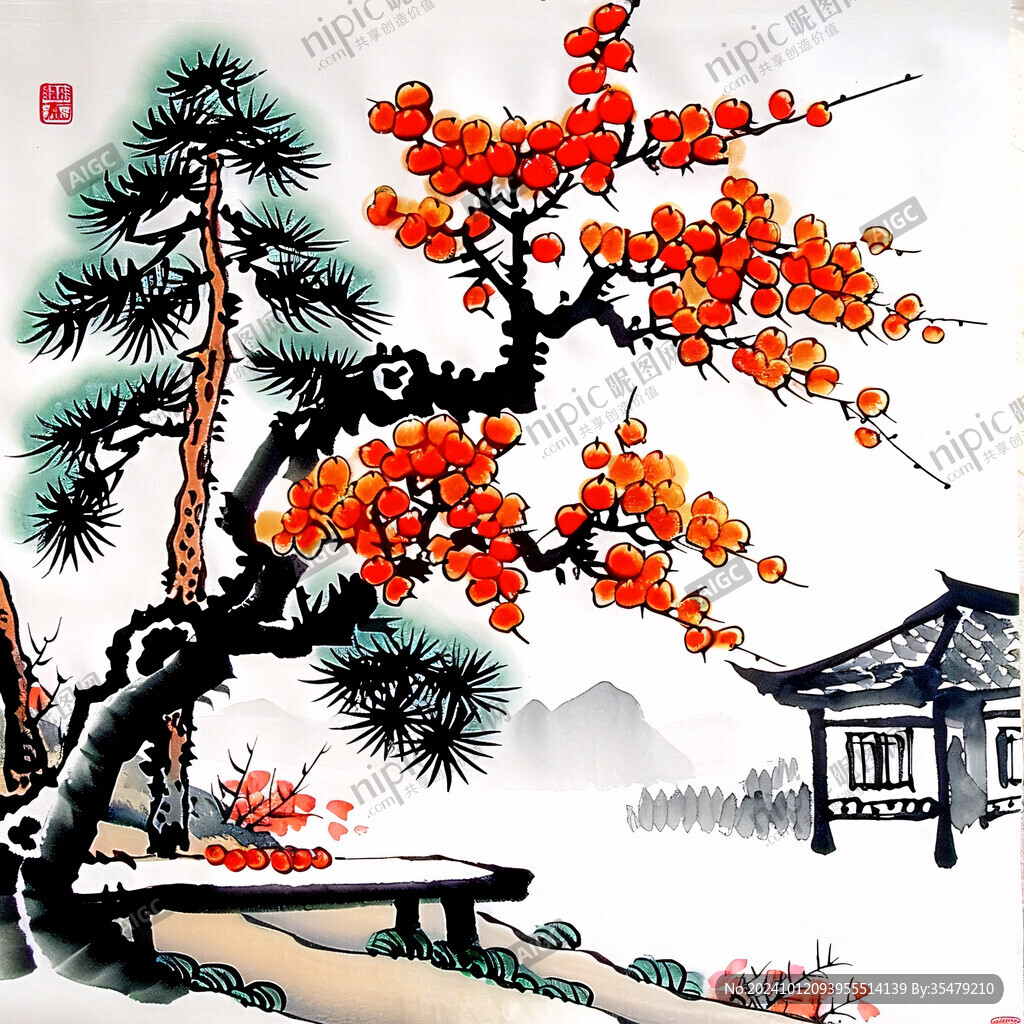 写意国画柿子树