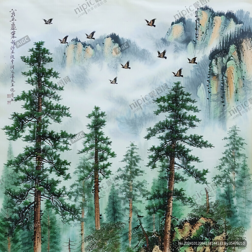 松树山峰画