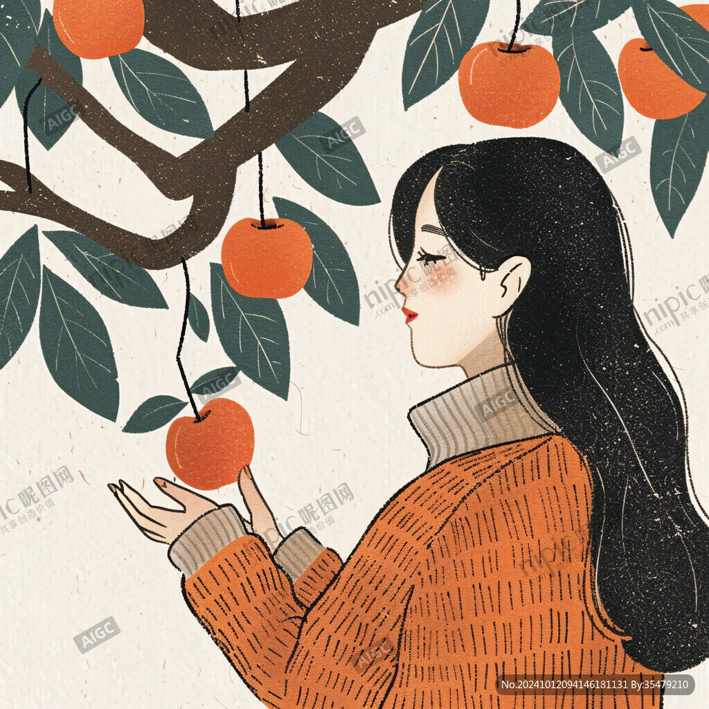 采柑果女孩插画