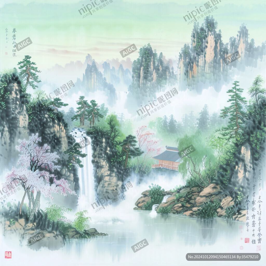 国画山水风景画山水情