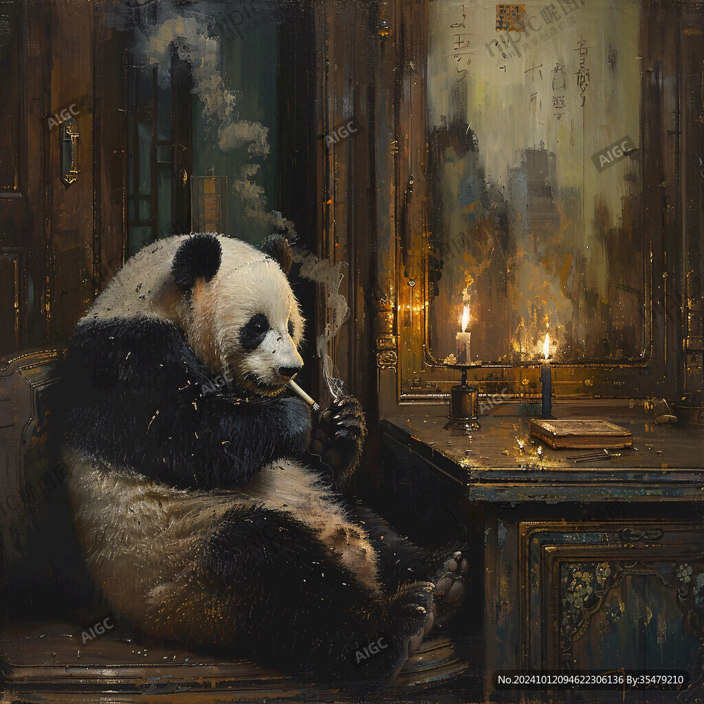 熊猫题材油画