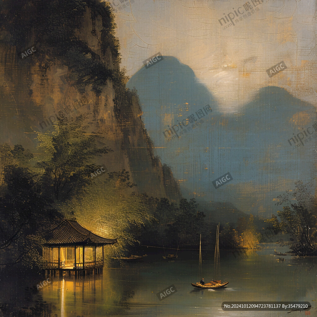 古风亭台楼阁油画