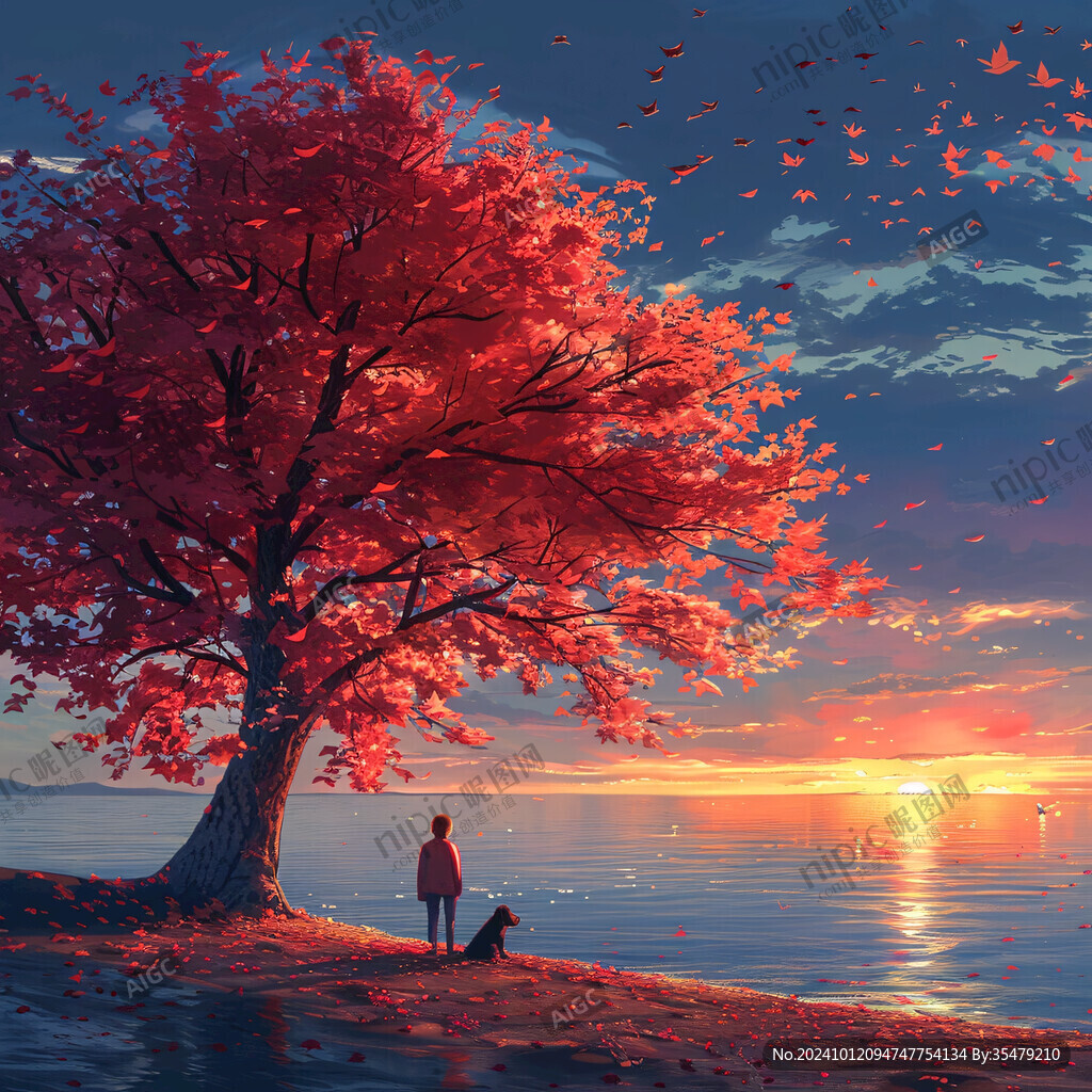 插画夕阳下