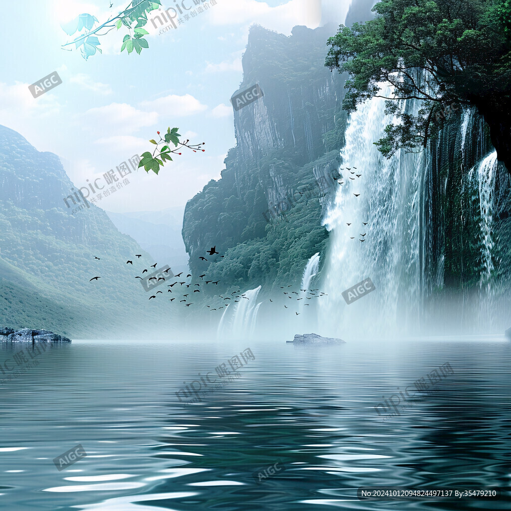 自然山水画瀑布流水