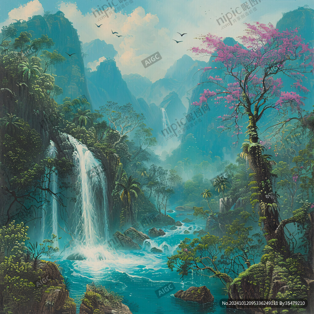 山水风景油画瀑布