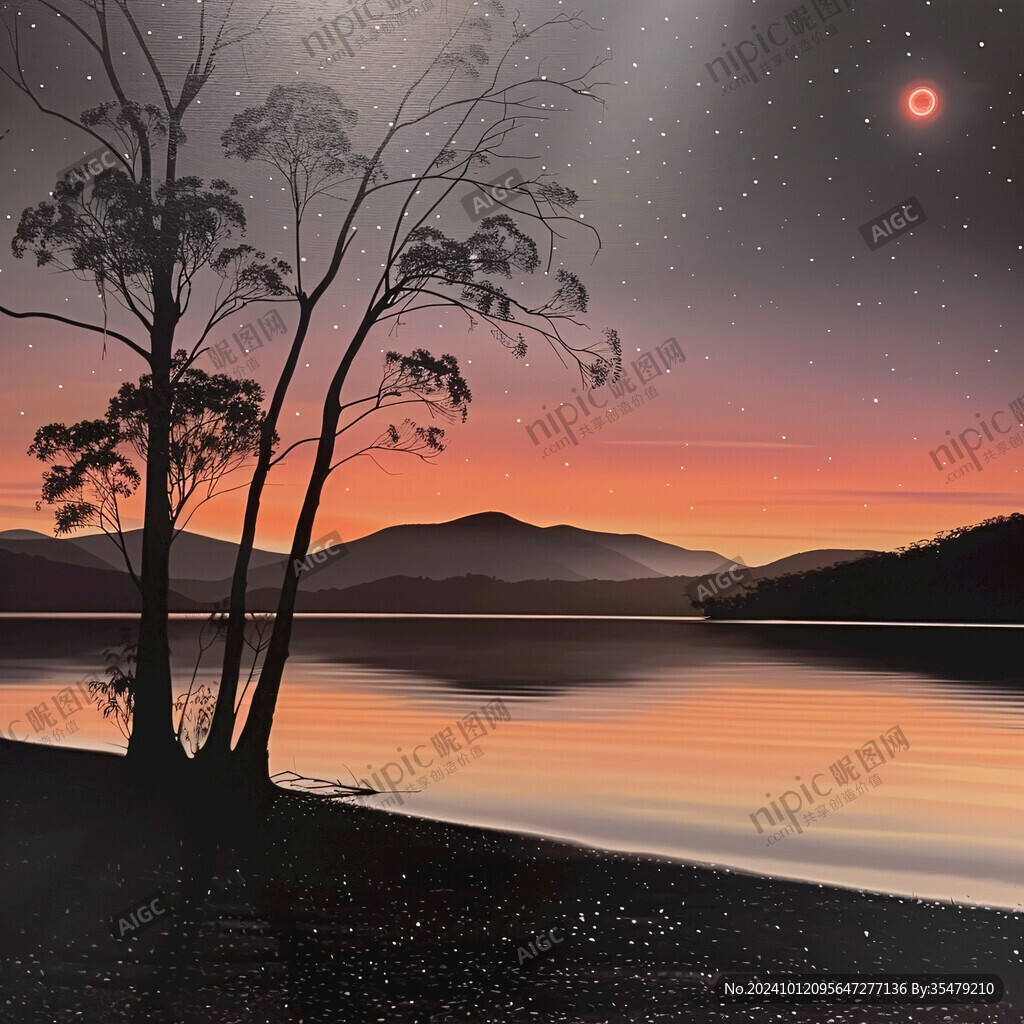 插画夜景湖泊