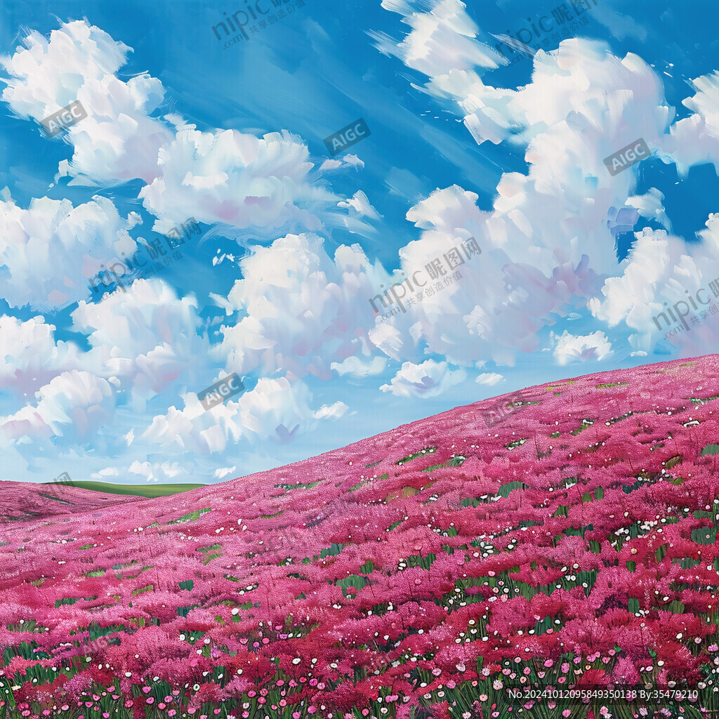 蓝天白云鲜花油画