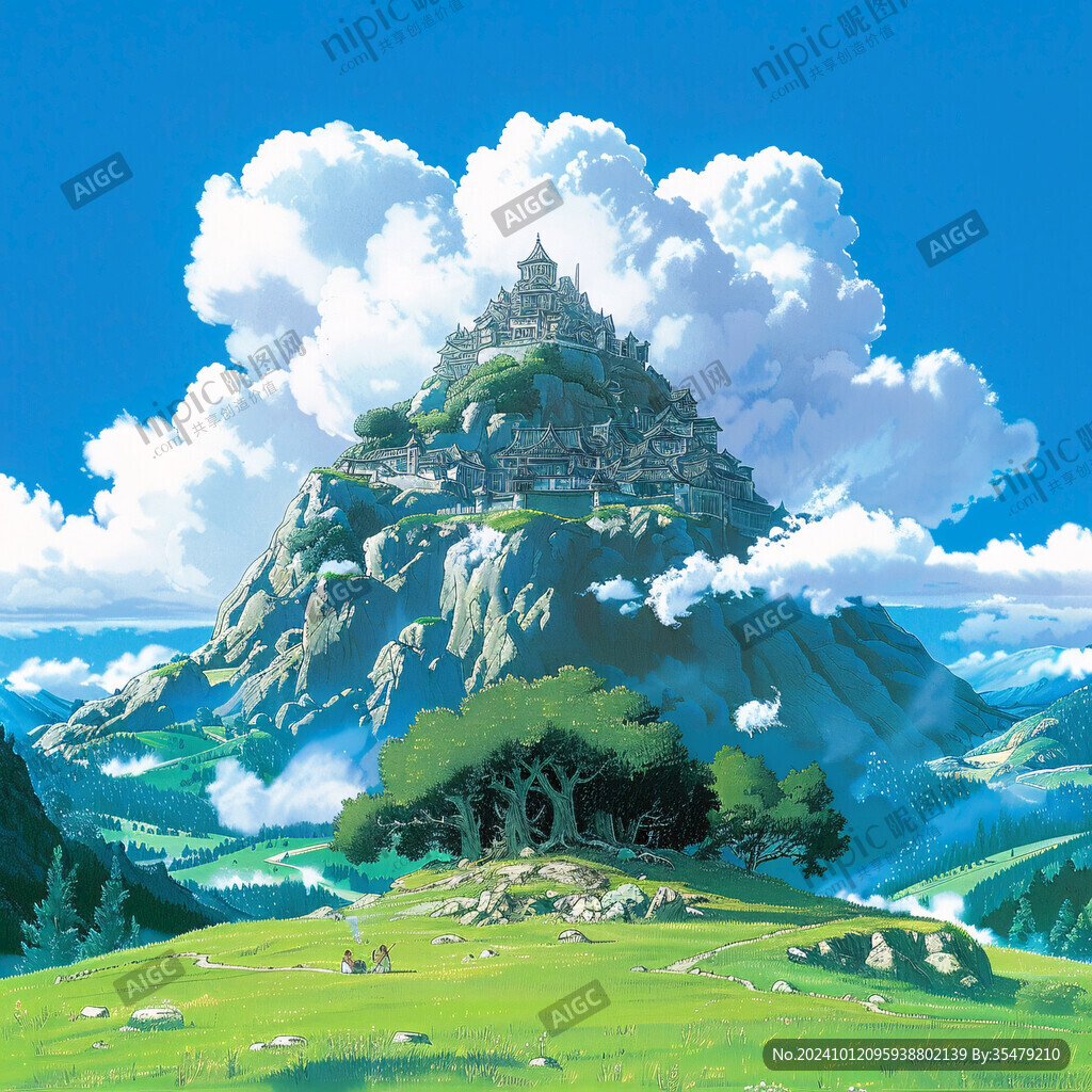 年轮山峰树鹿云意境