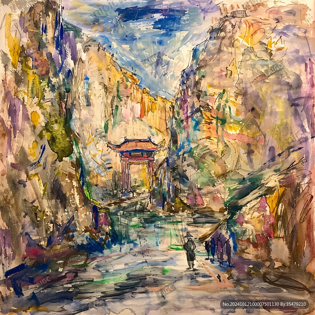 旅游景点画廊水彩画