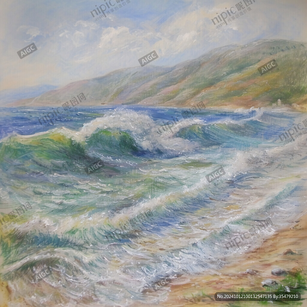 海浪水粉画