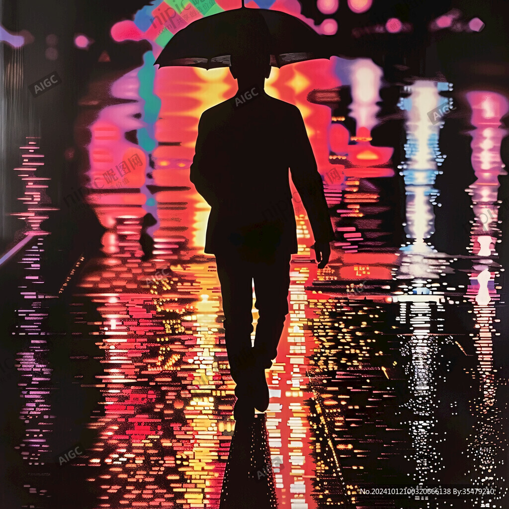 打伞水中倒影