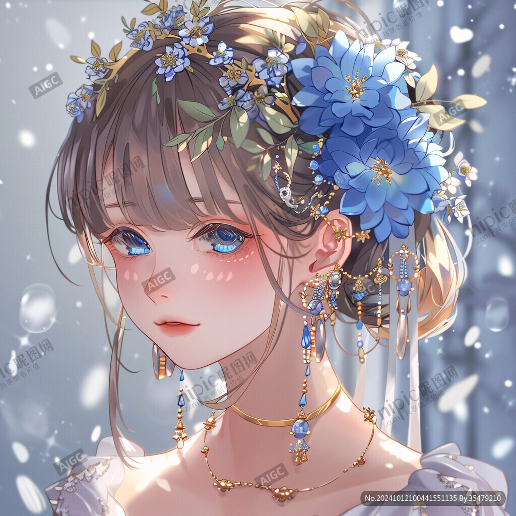 捧花蓝的女孩插画