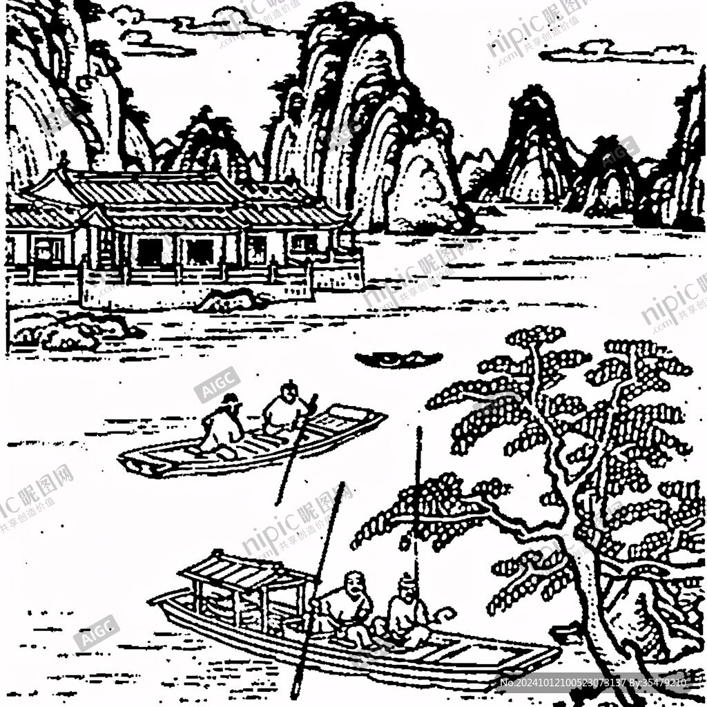 手绘古代捕鱼图