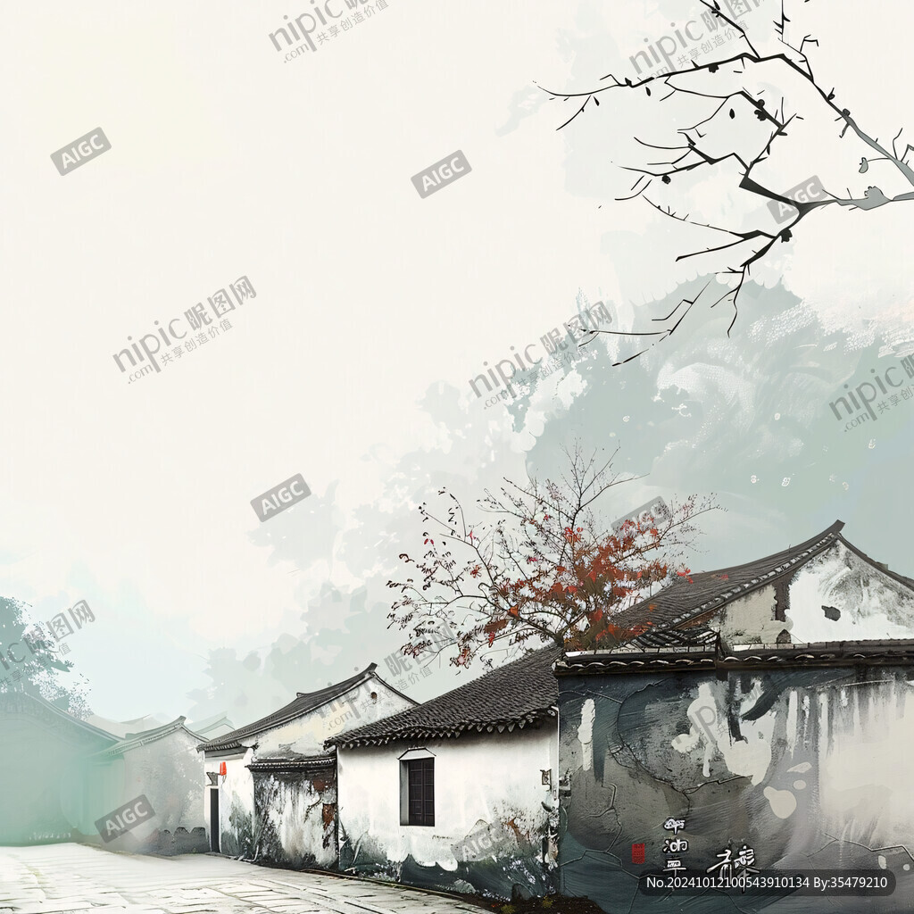手绘水墨江南水乡背景