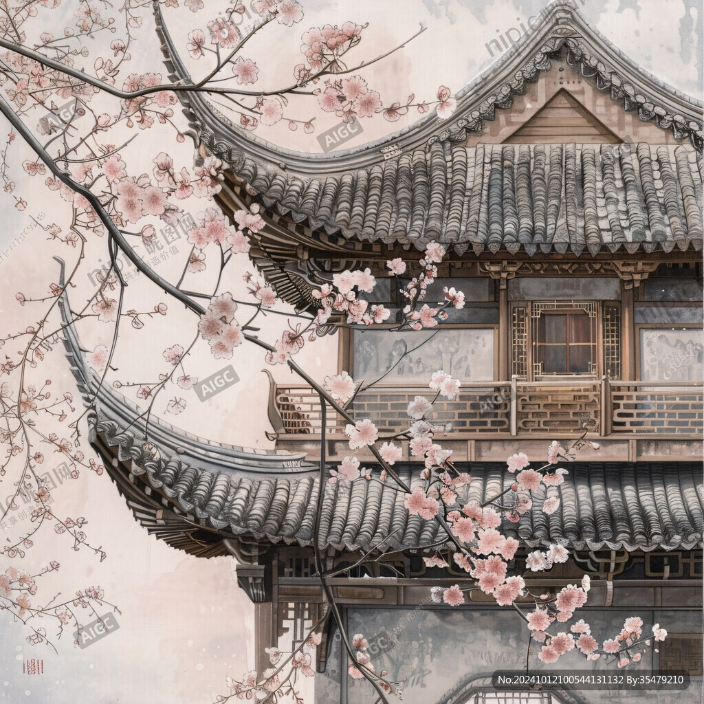 手绘阁楼皇宫梅花插画