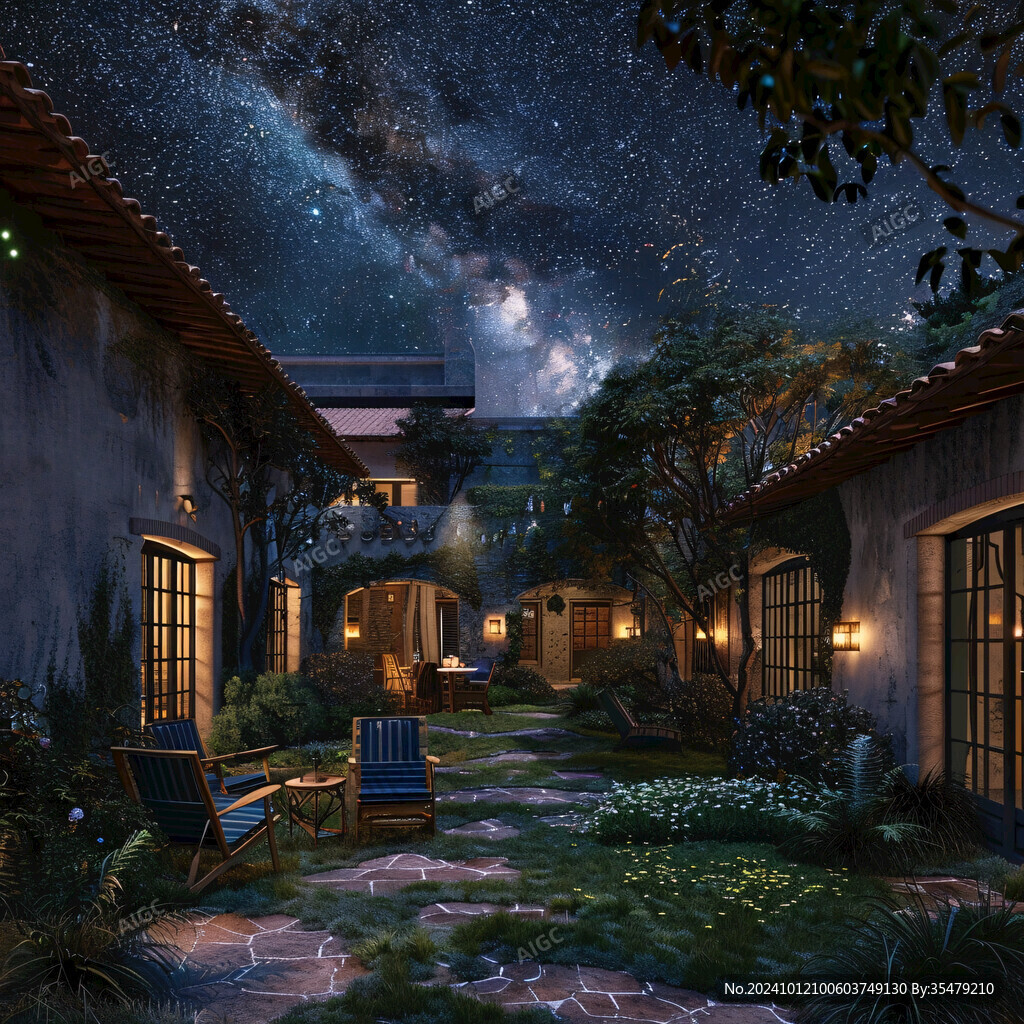 手绘庭院夜景
