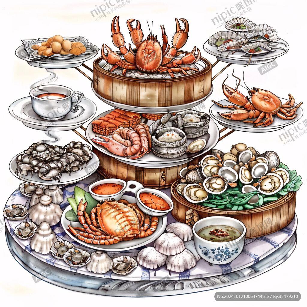 海鲜大盆菜插画