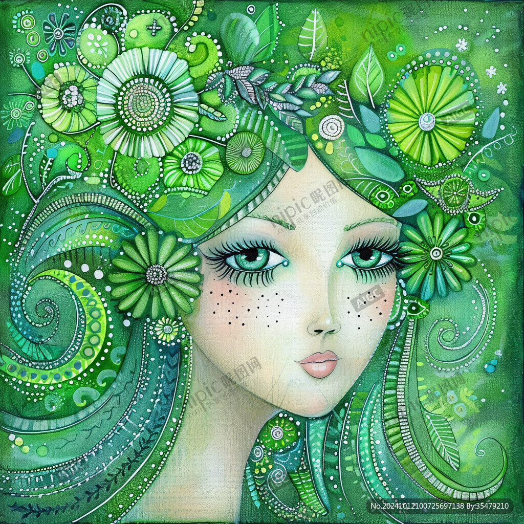 彩绘女人植物抽象画