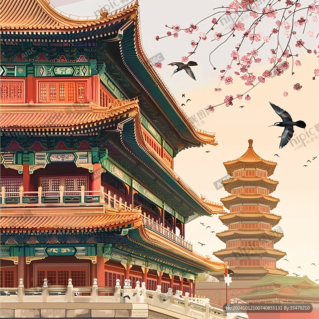古建筑国潮花鸟插画