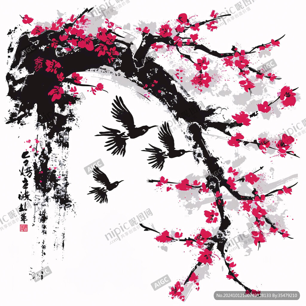 手绘梅花喜鹊