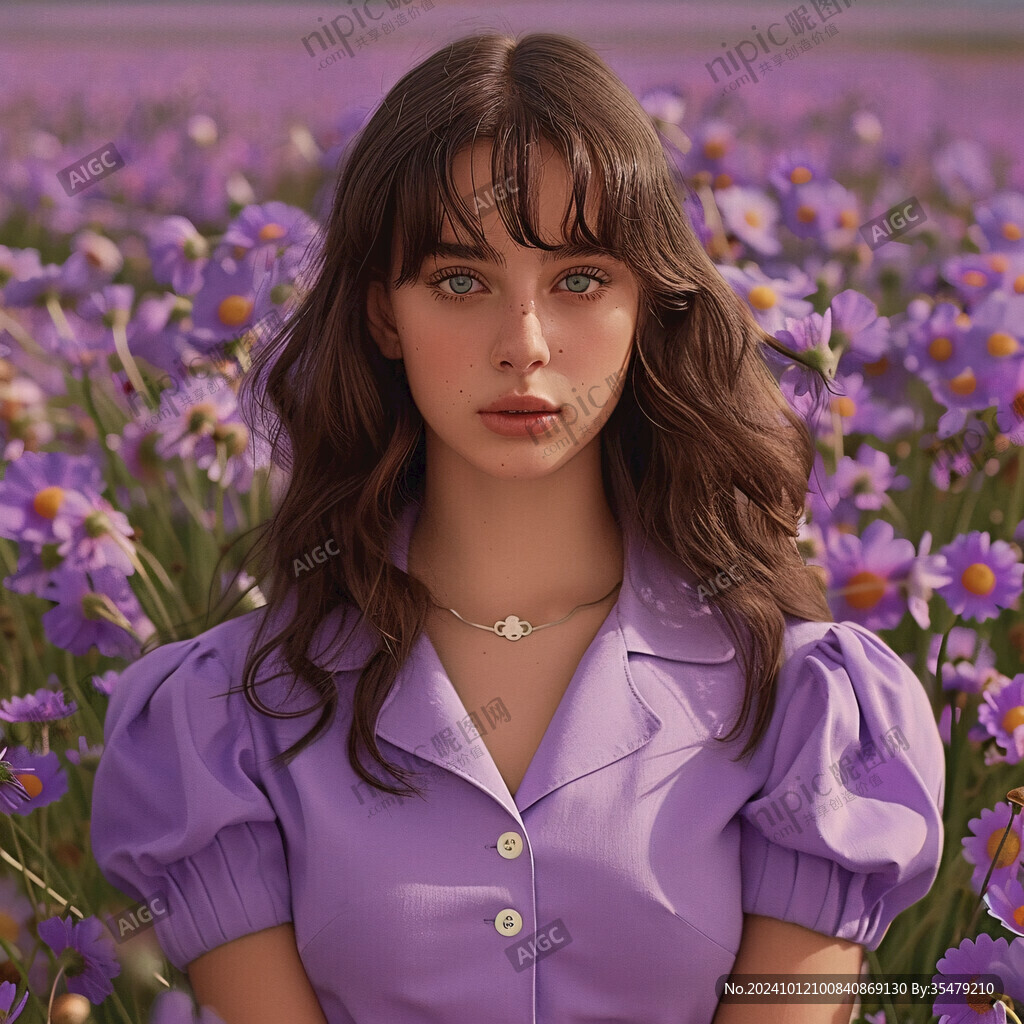 紫色花海里的少女