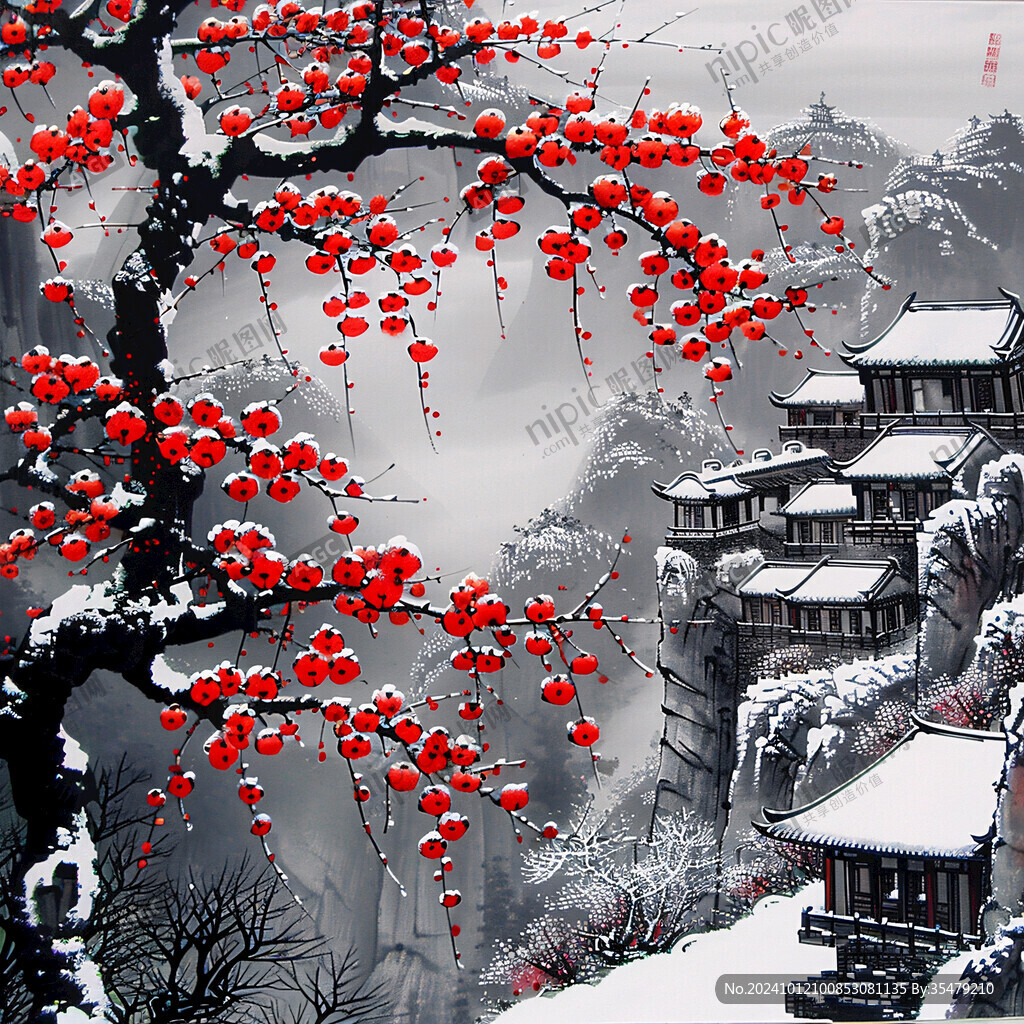 山水壁画雪景中国画