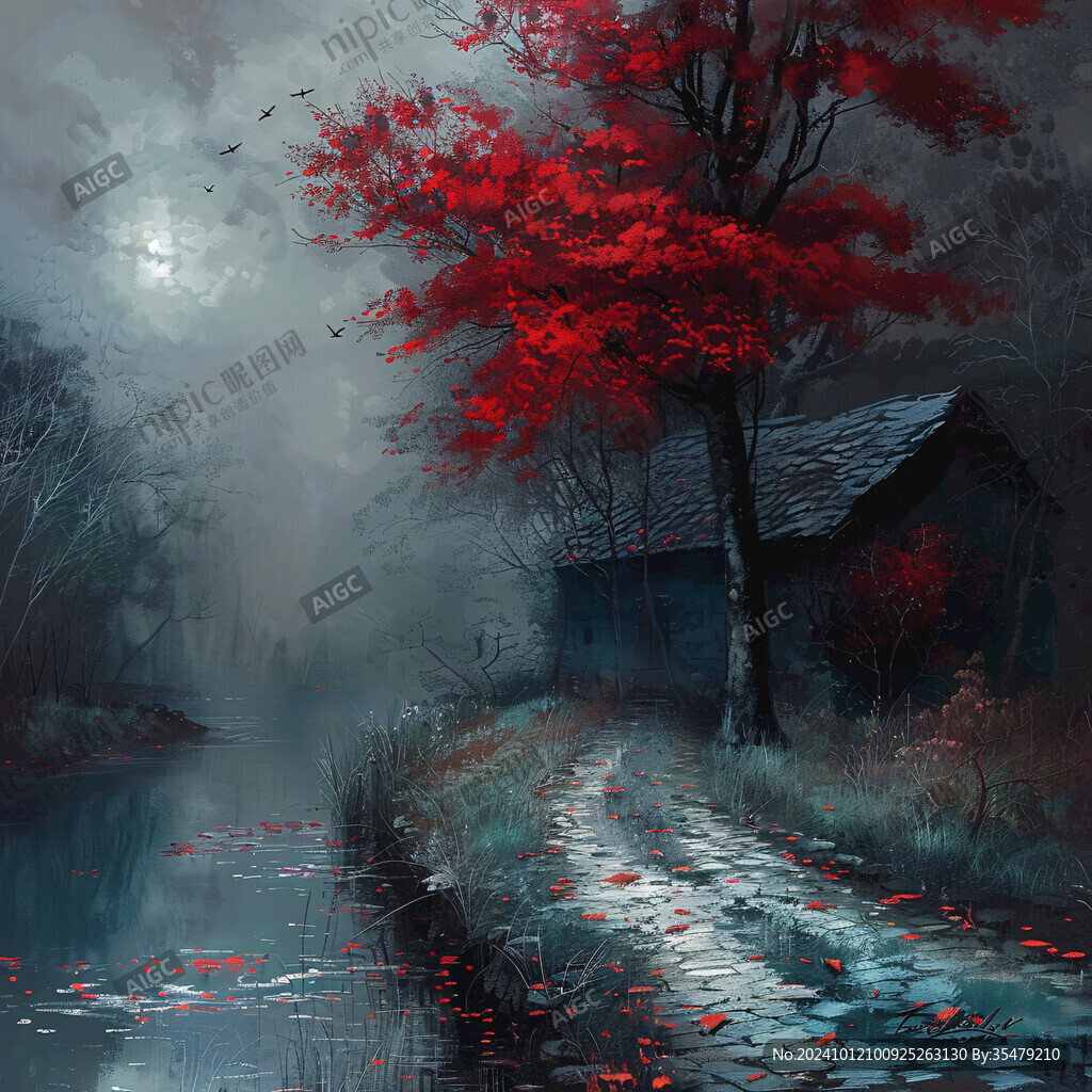 枫树风景油画