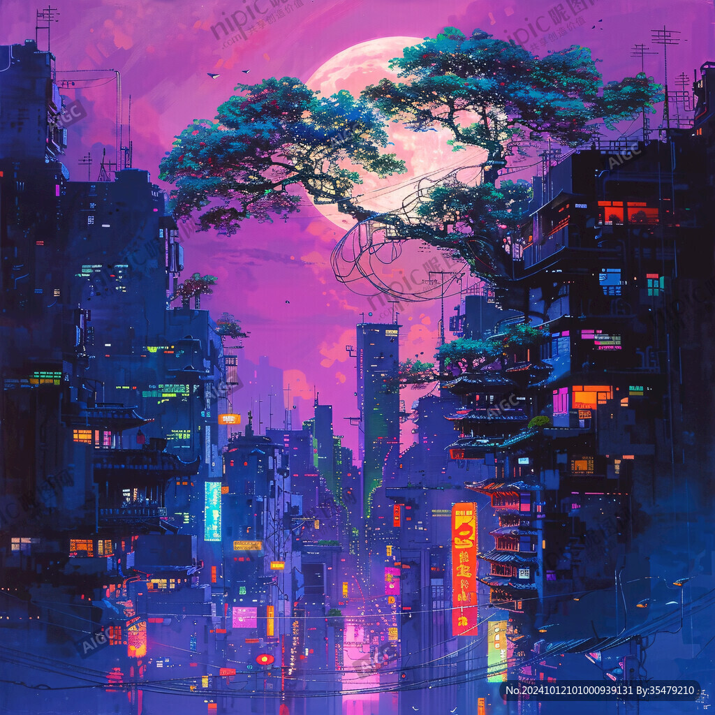 月光下的城市插画