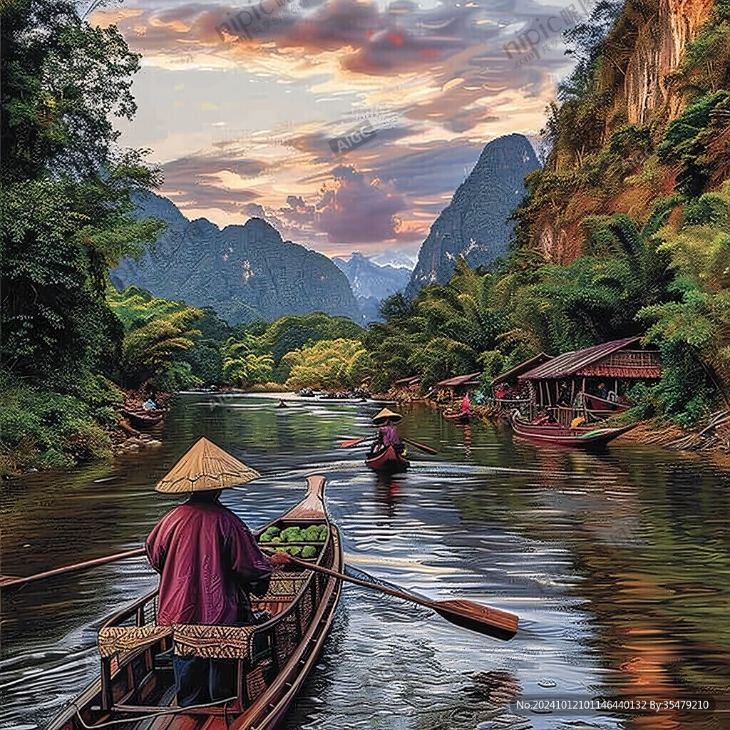 越南彩绘山水水墨画
