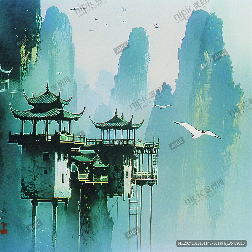 楼阁山水意境画