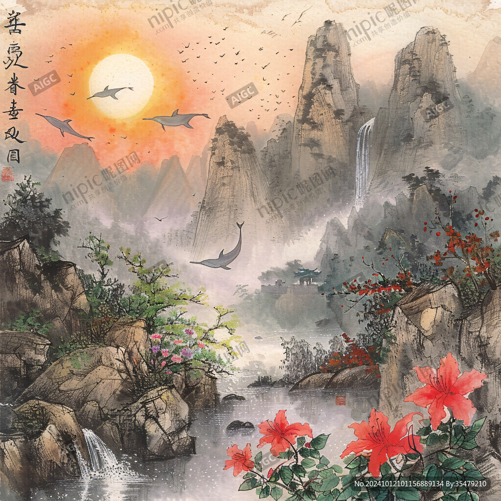 旭日东升楼阁山水画