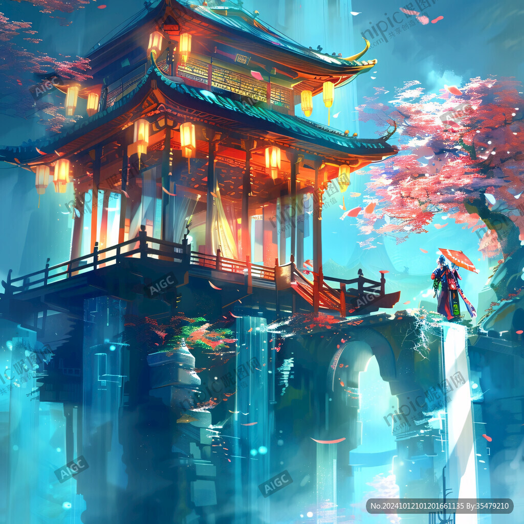 亭台楼阁意境插画