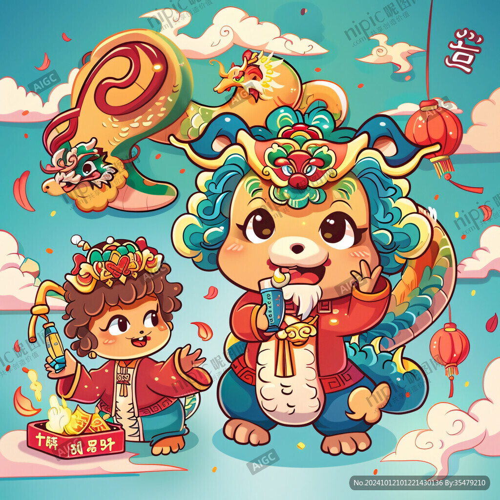 可爱龙年抱如意插画