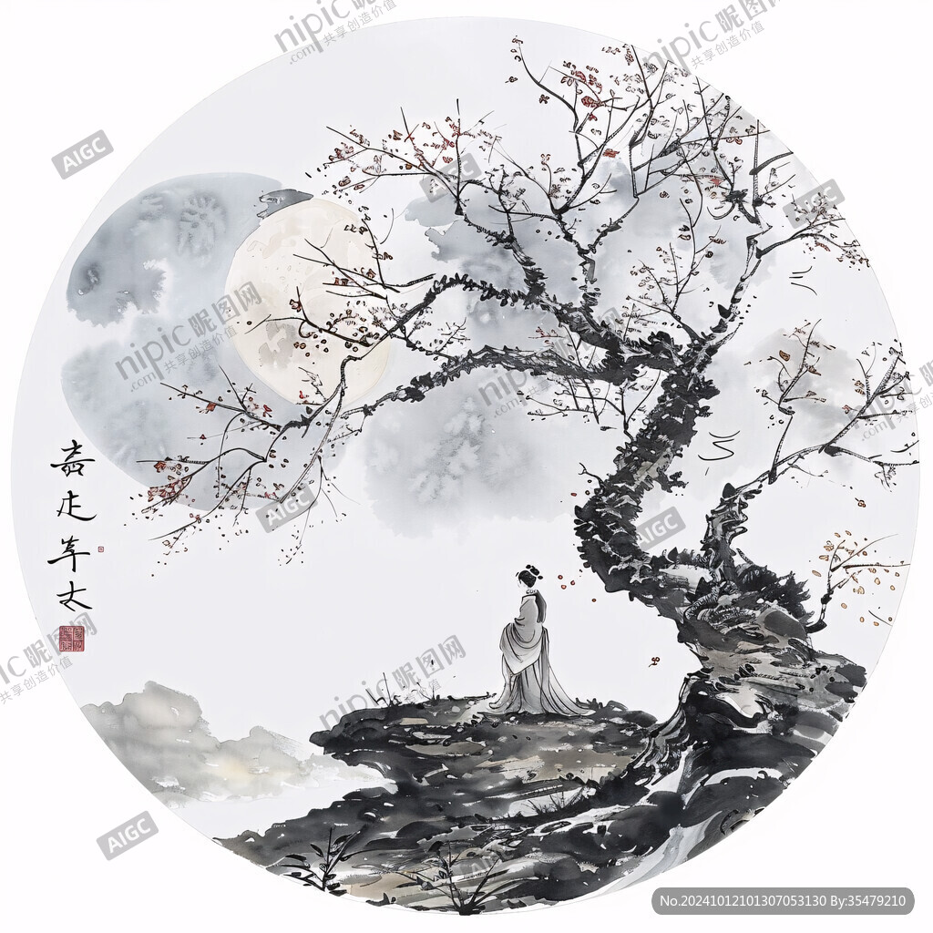 圆形扇面国画梅花