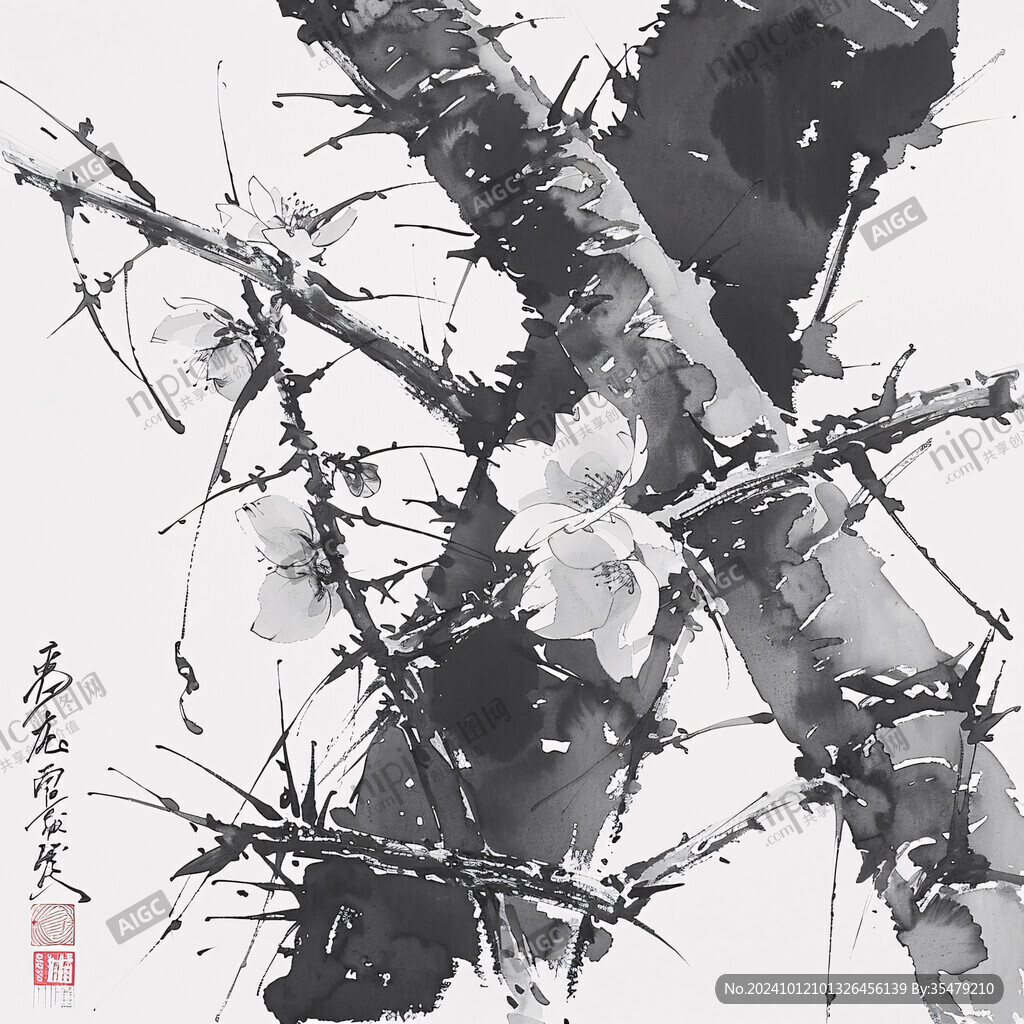 手绘水墨画下雪梅花