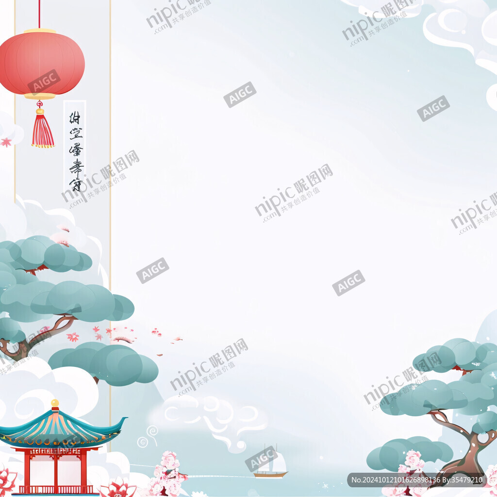 中式场景描边插画