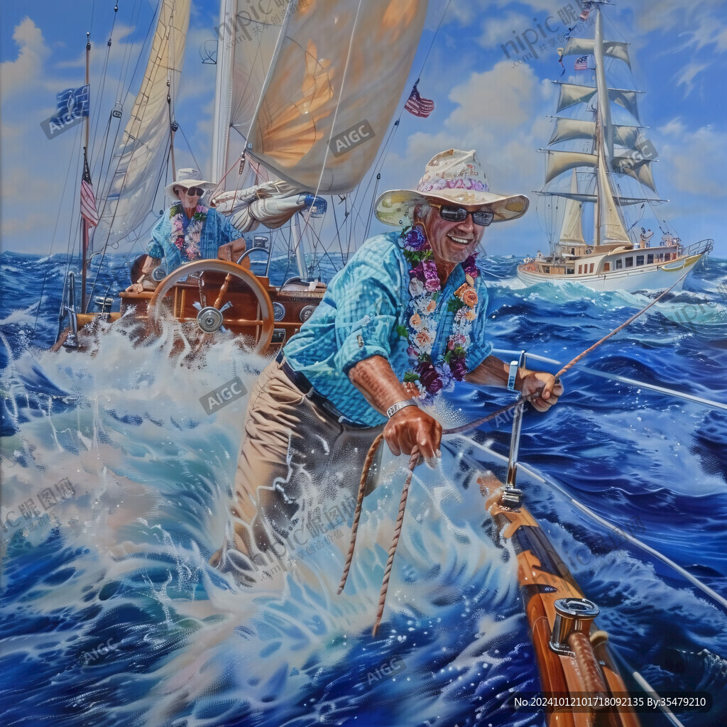 扬帆踏浪油画