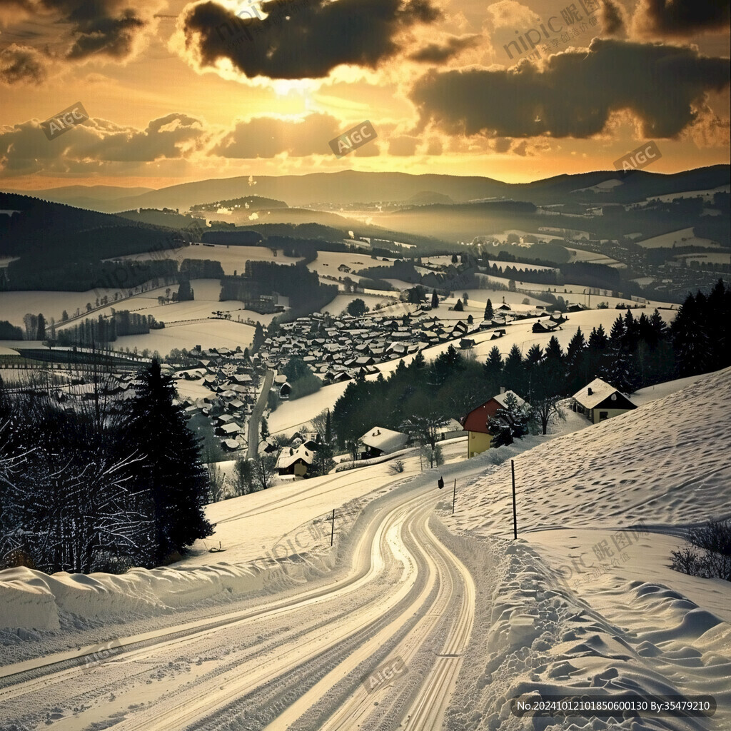 山村晚霞雪景
