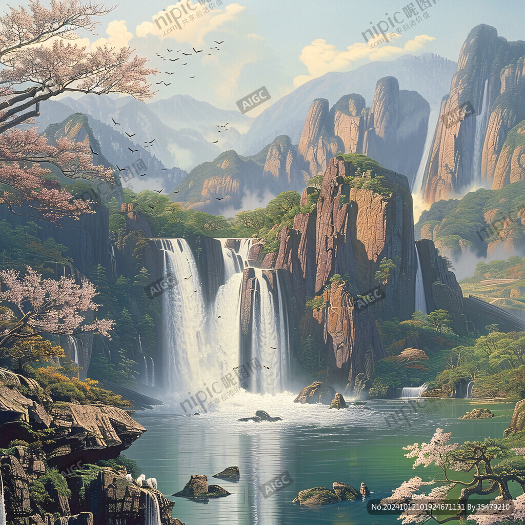 招财瀑布山水画