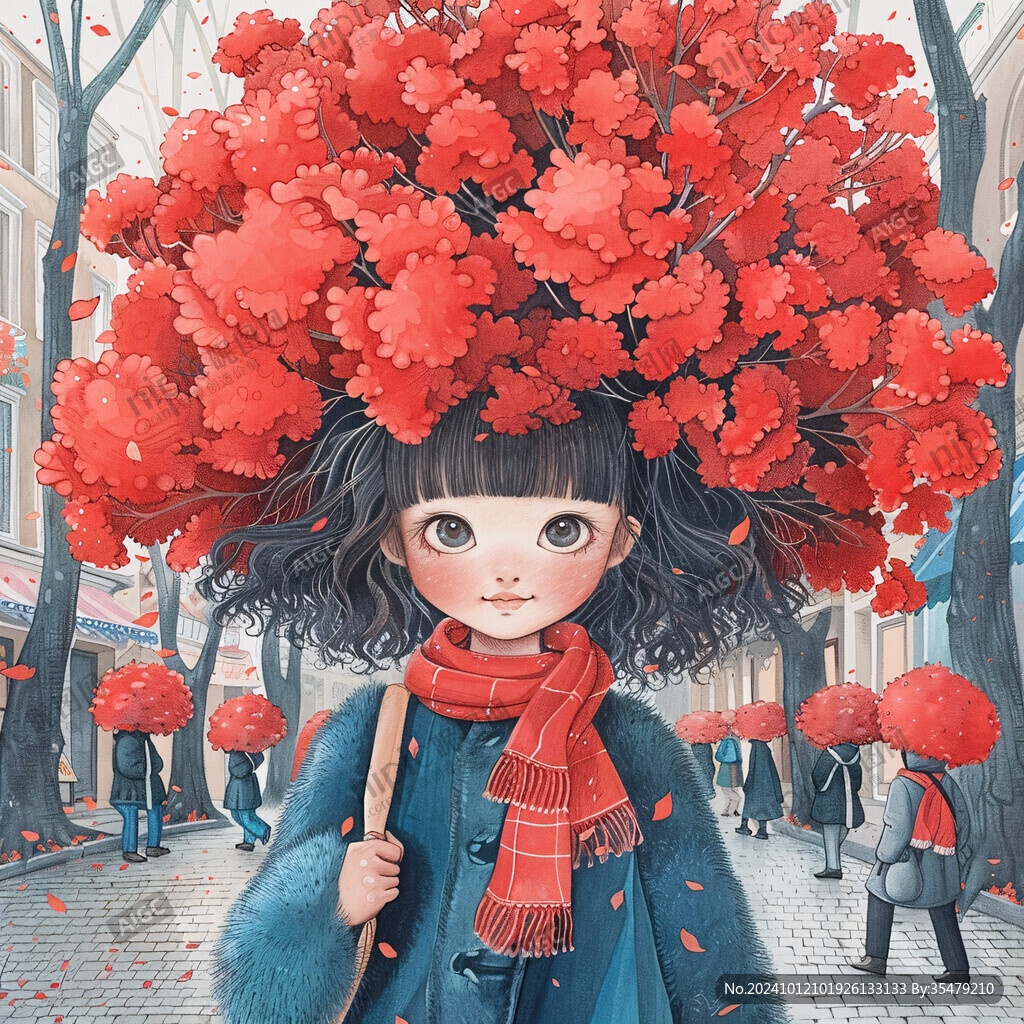 穿红衣的女孩插画
