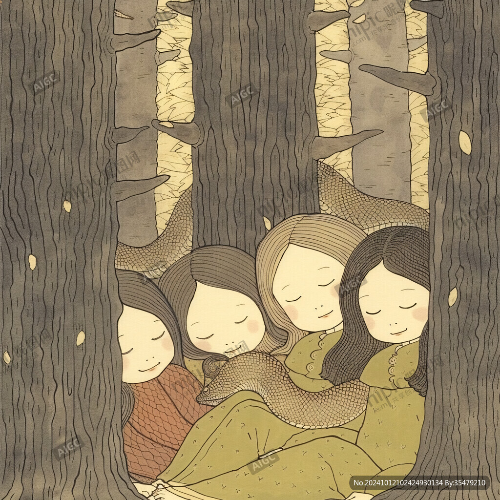 躺在树下的小女孩插画