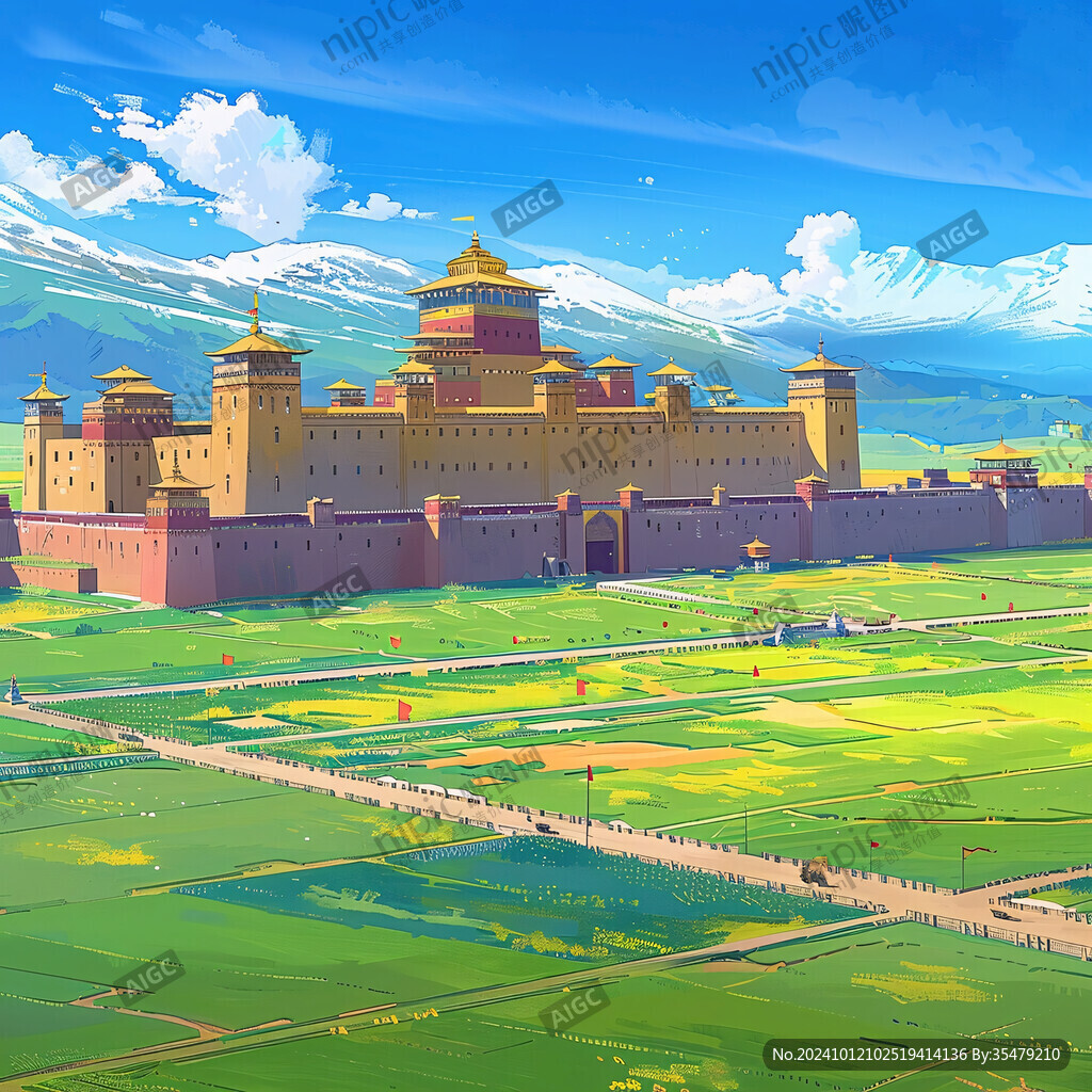 青藏地区城市建筑插画