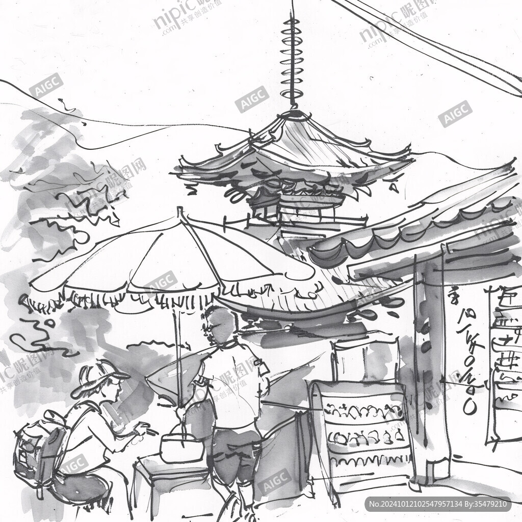 线描烟水亭