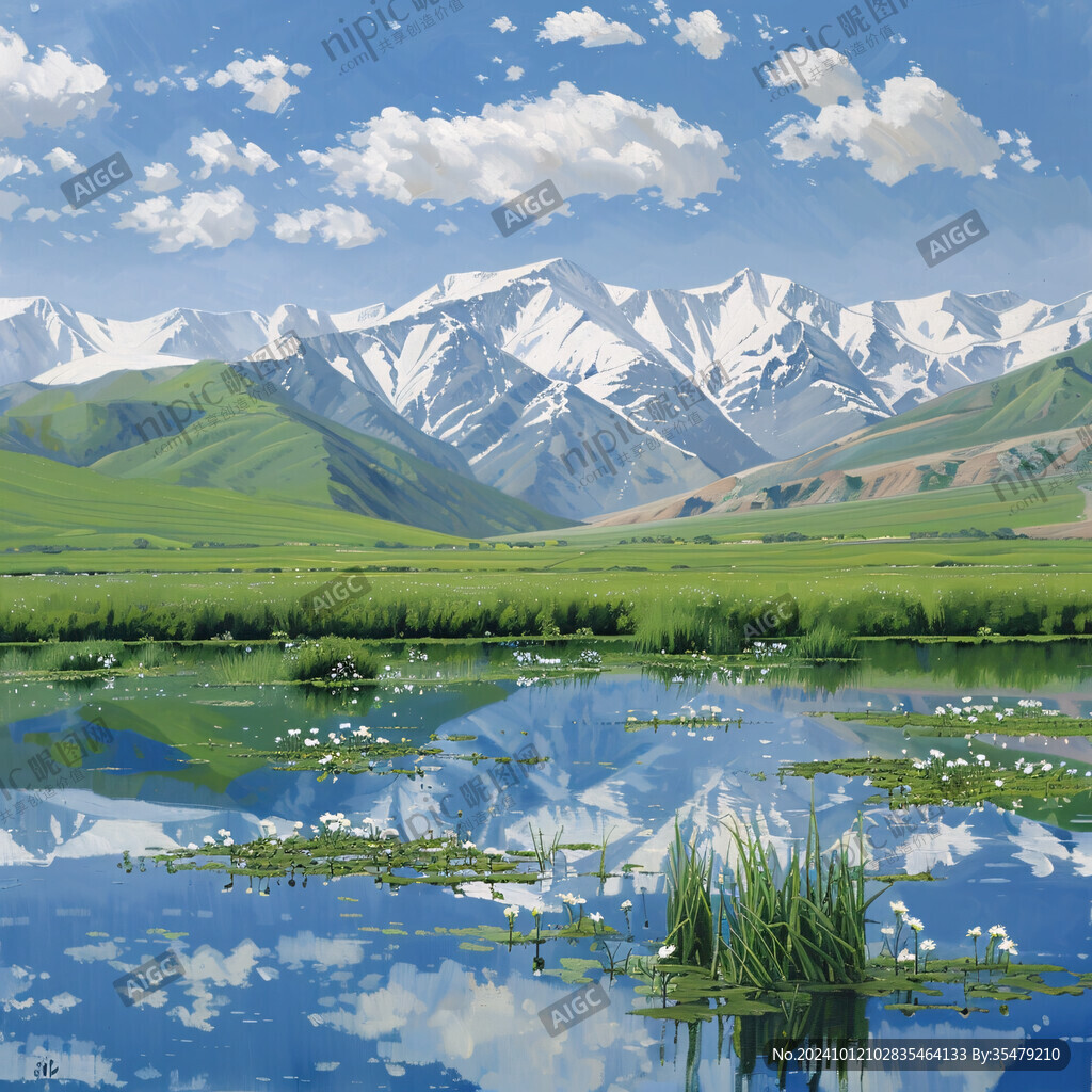 手绘草原草雪山