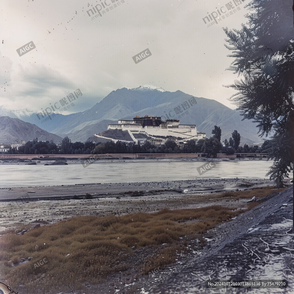 布达拉宫水彩水墨风格