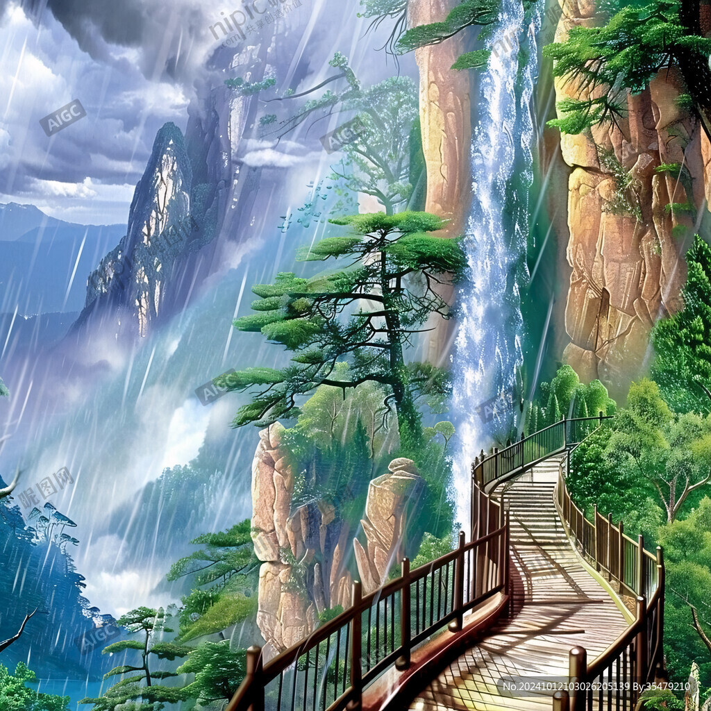 悬崖瀑布地板画