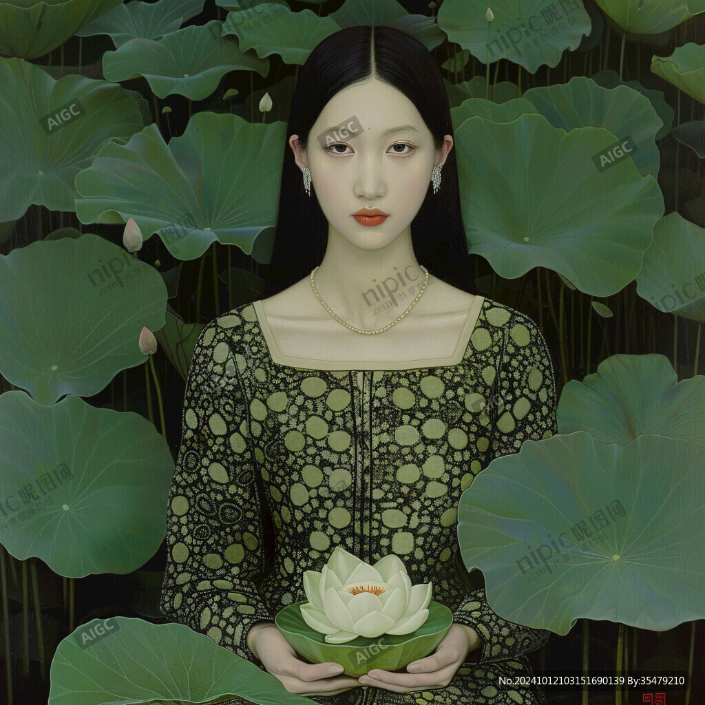 荷叶女孩插画