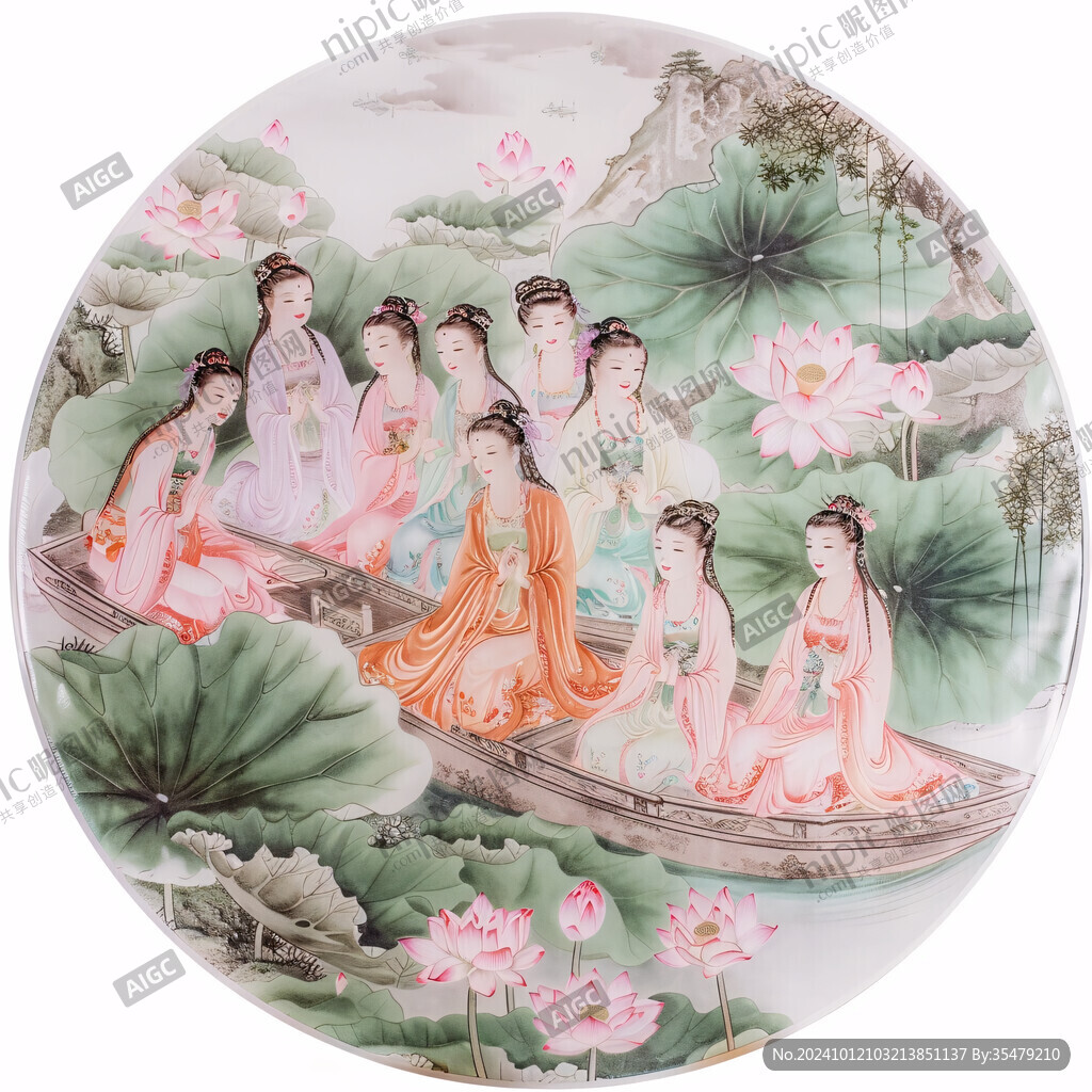 庭院仕女人物椭圆盘